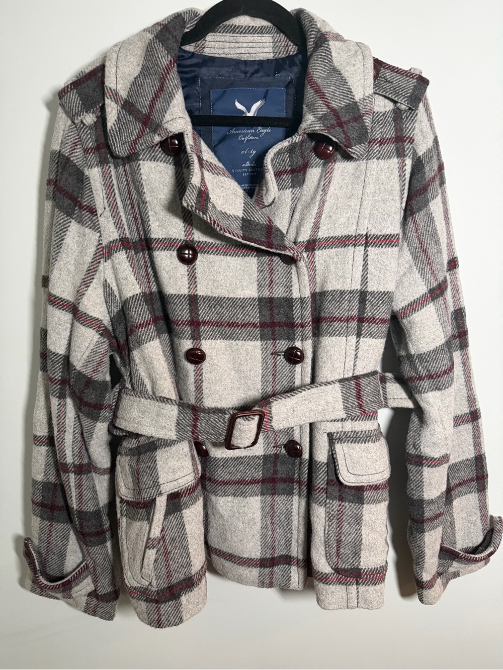 American Eagle Outfitters Gray and Burgundy Plaid Peacoat